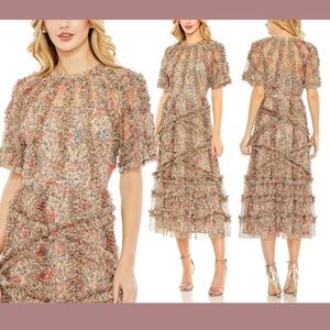 Mac Duggal Floral Print Ruffle Embellished Short Flutter Sleeve Mesh Midi Dress